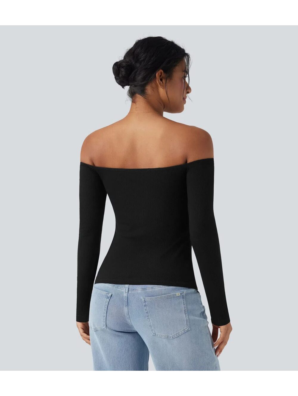 Halara Ribbed Knit Off Shoulder Long Sleeve 2-in-1 Casual Top Black Size Large - Picture 2 of 9
